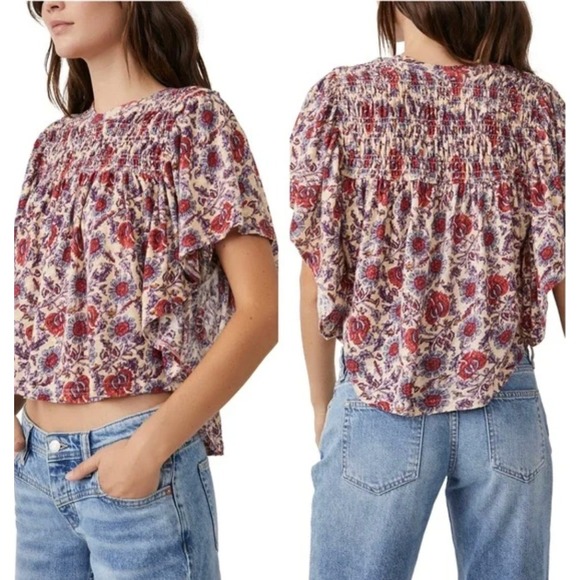 Free People Ruffled Up Printed Smocked Boho Top Linen Blend S - Picture 2 of 12